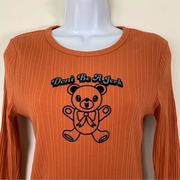 FOREVER21 Orange Don’t be a jerk ribbed long sleeve top tee fitted Large - Picture 3 of 5